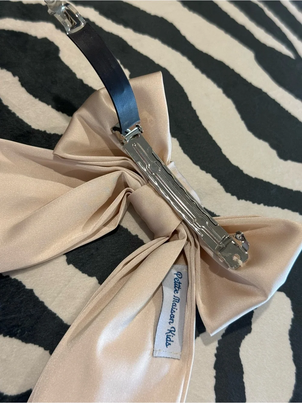 Beige Satin Bow Hair Clip with Pearl Butterfly Accent - Petit Maison Kids NEW!